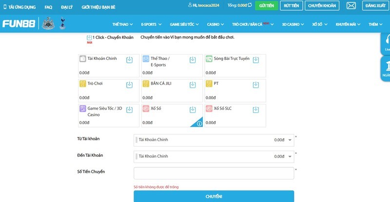 Chuyển tiền về tài khoản chính Fun88