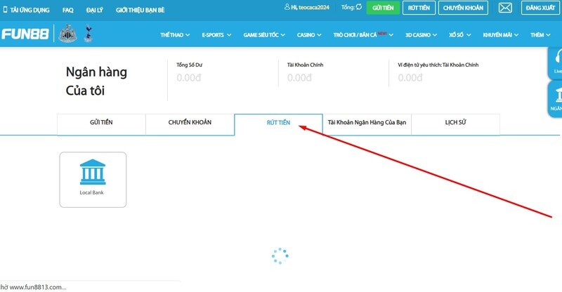 Thao tác rút tiền Fun88